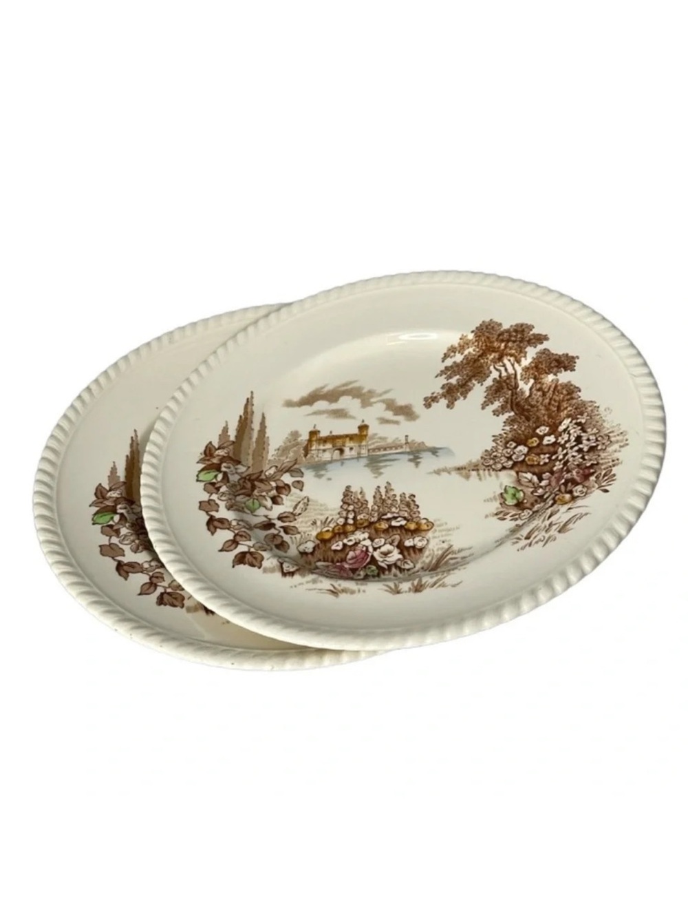 VINTAGE Castle On The Lake Johnson Bros England 2 Dinner Plates Ironstone Brown
